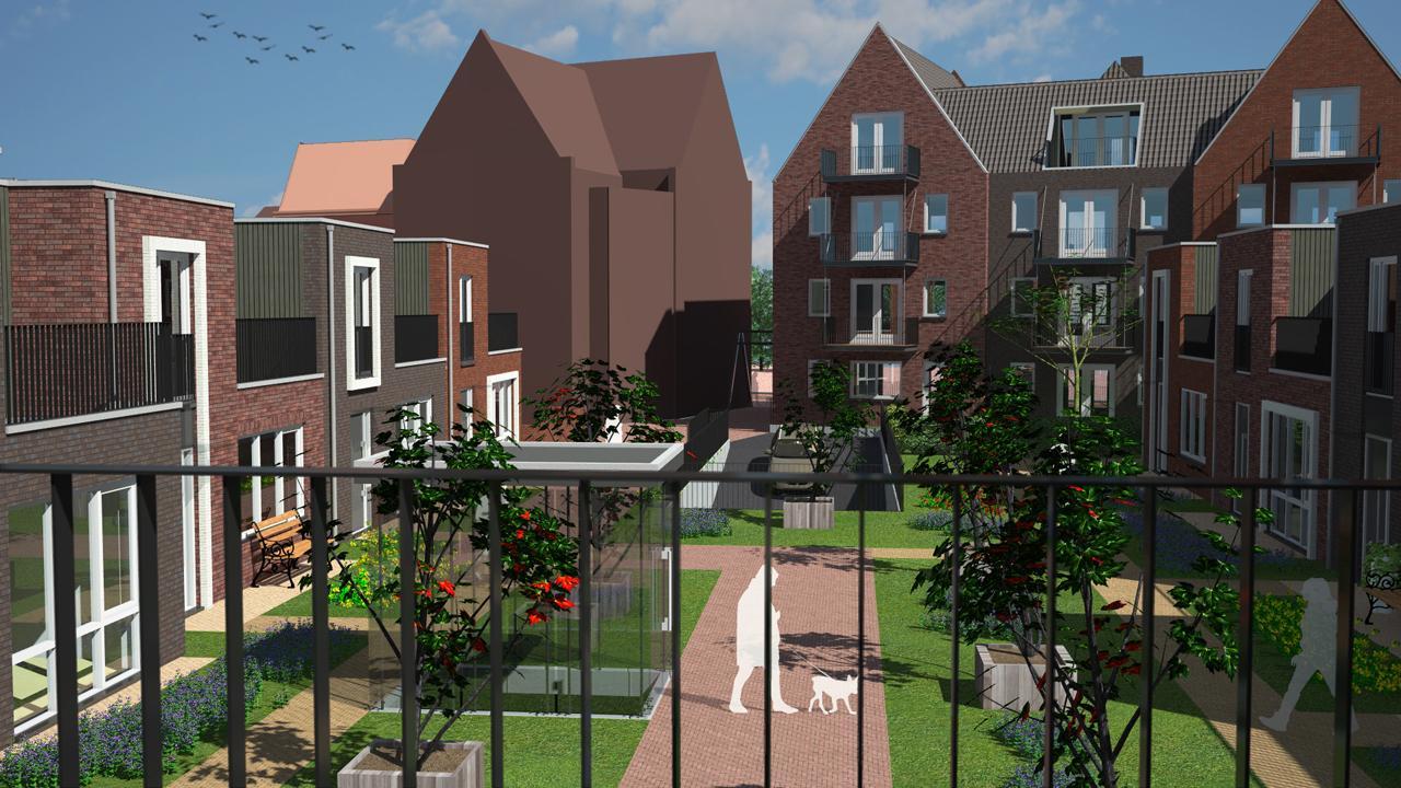 Het plan bezien vanaf een dakterras van een patiowoning