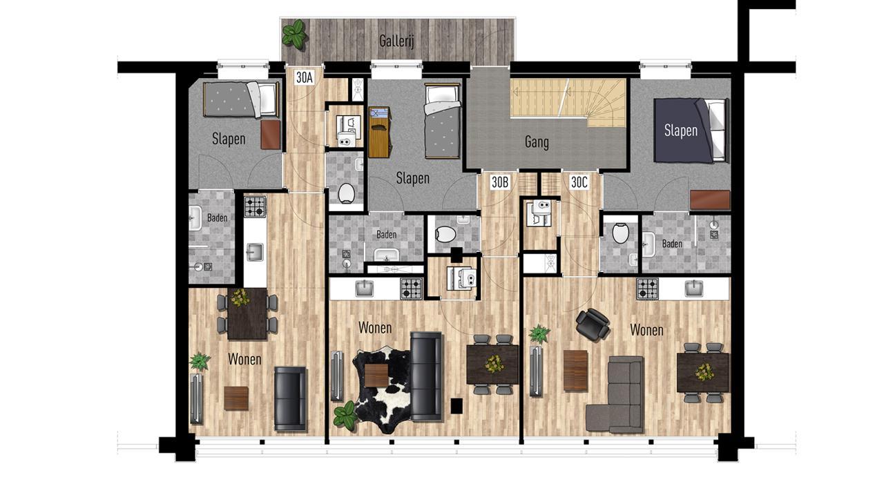 Verhuurplattegrond Appartementen eerste verdieping