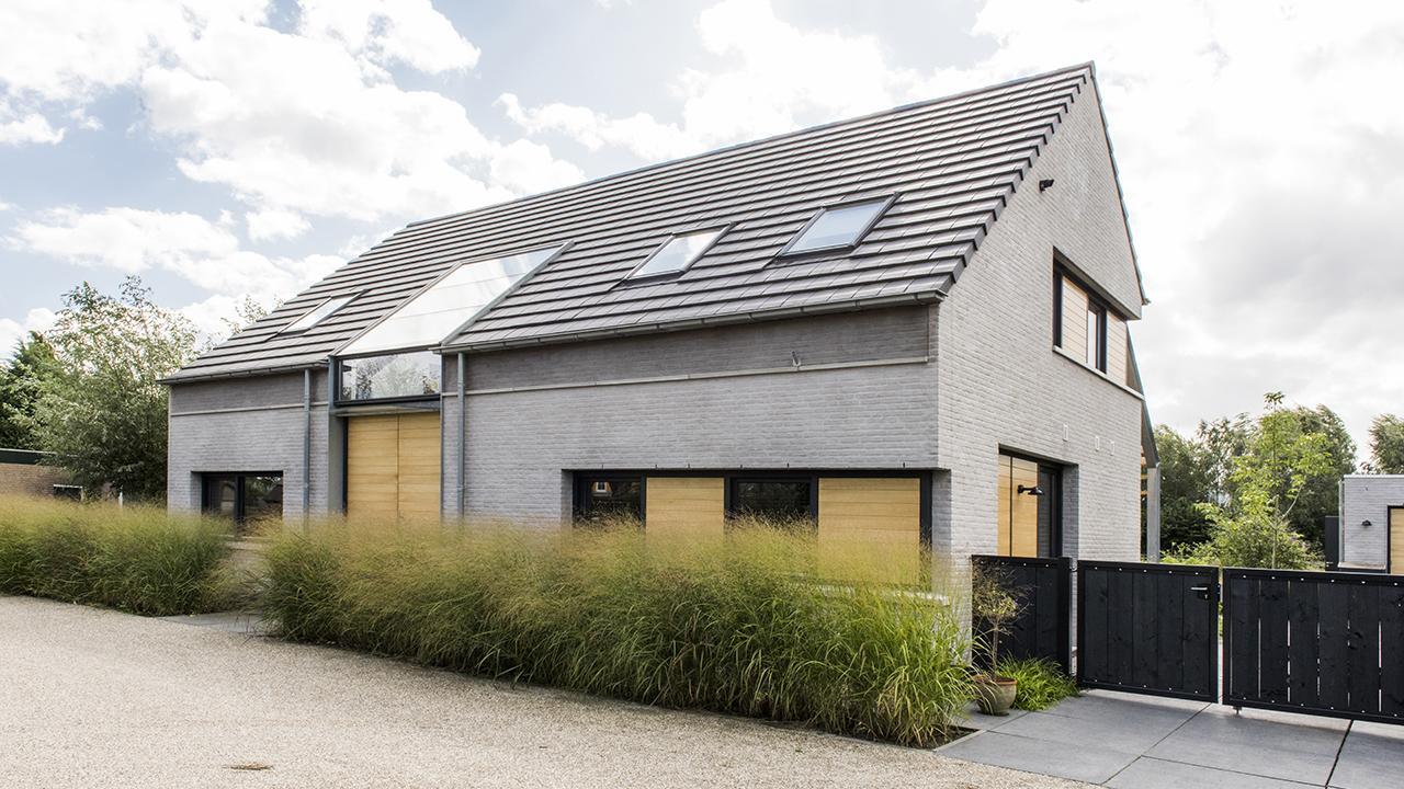 Voorgevel met lichtstraat in het schuine dak boven de entree