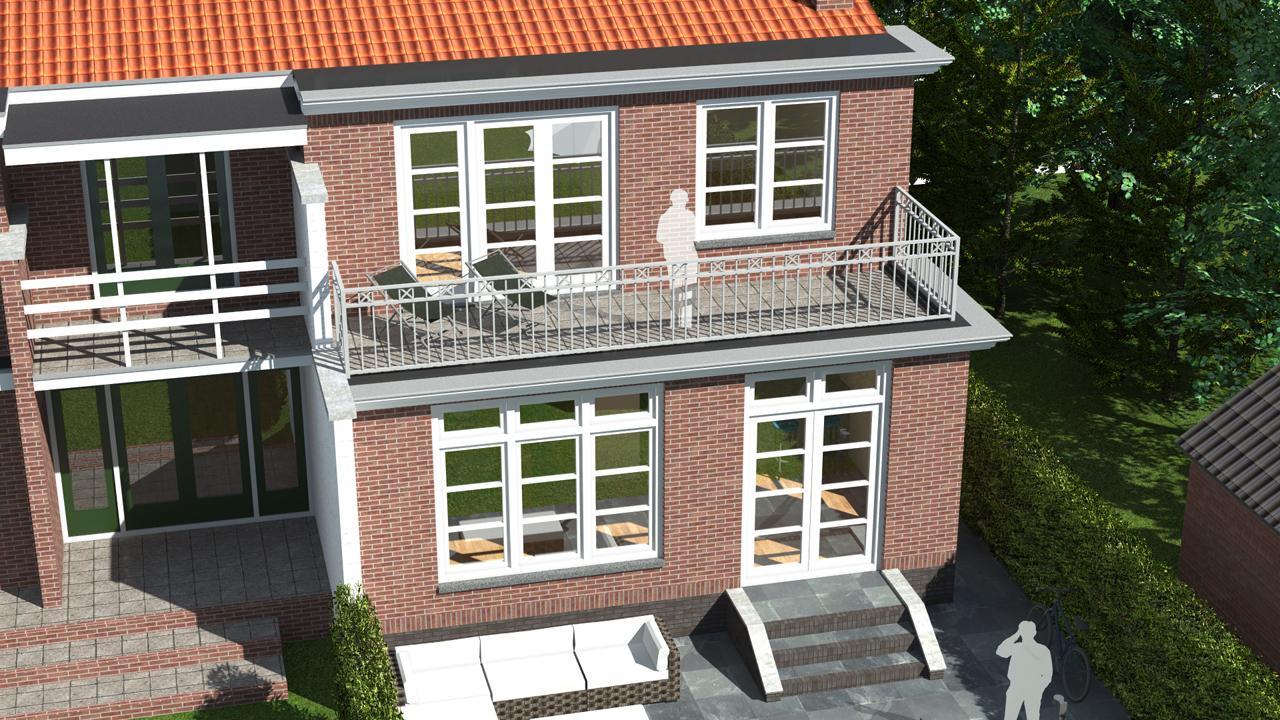 Het dakterras op de aanbouw is bereikbaar via de slaapkamer