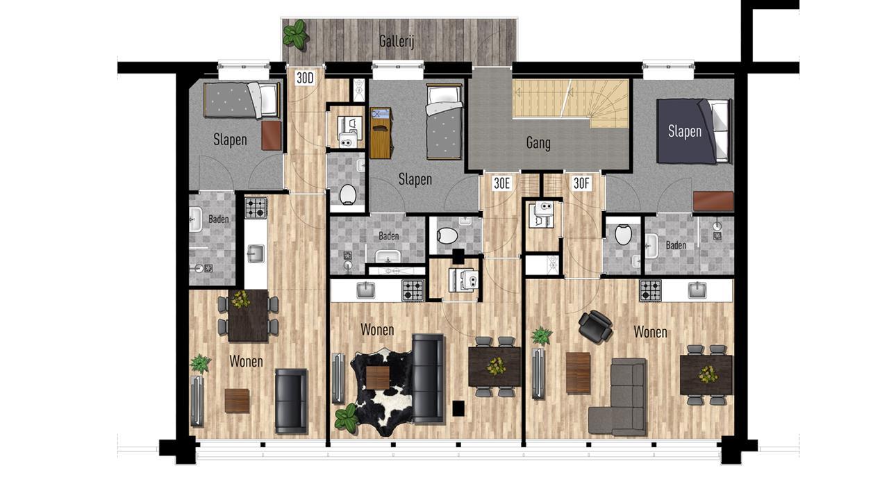 Verhuurplattegrond Appartementen tweede verdieping