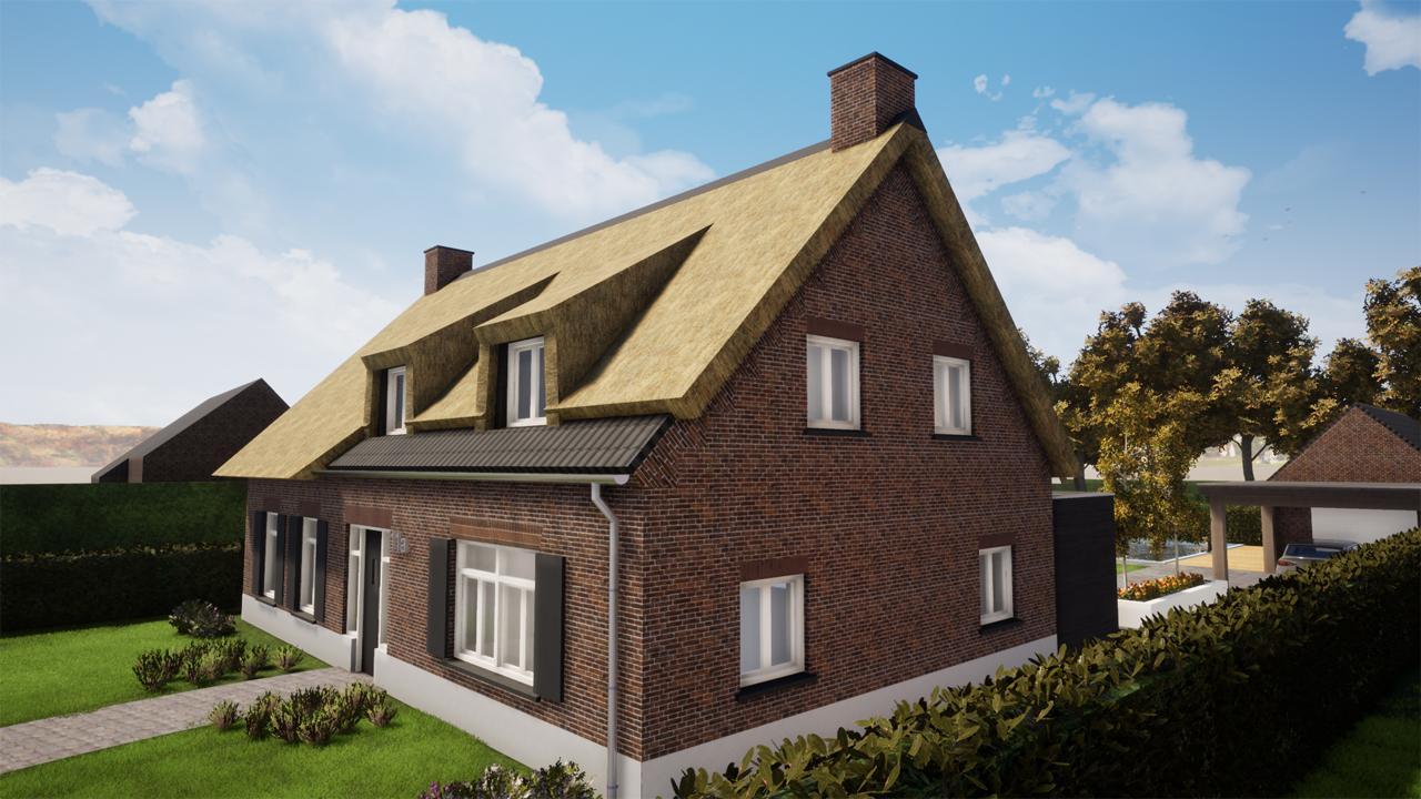 Close up van de woning met rieten kap