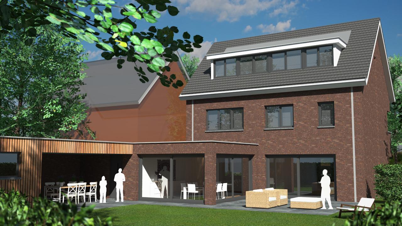 Tuinzijde met terrasoverkapping aangrenzend aan woning