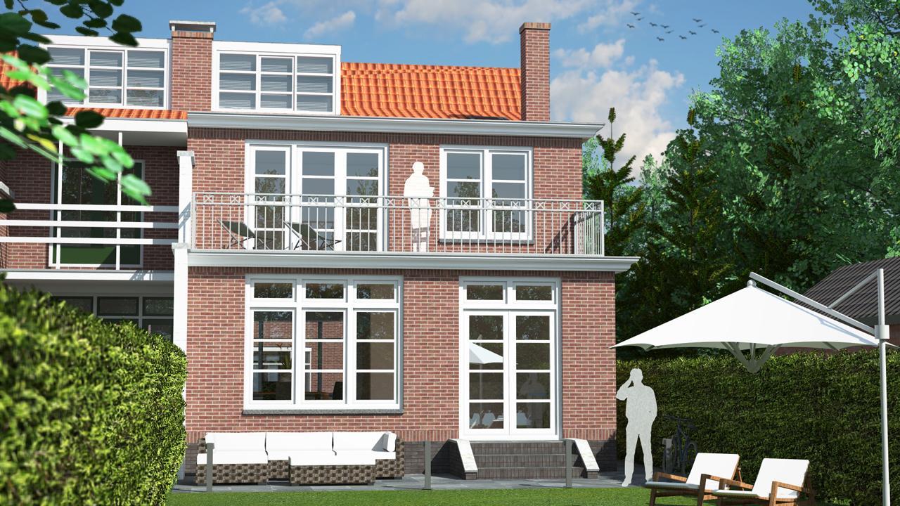 Nieuwe achtergevel met aanbouw met grote raampartij en dubbele deuren